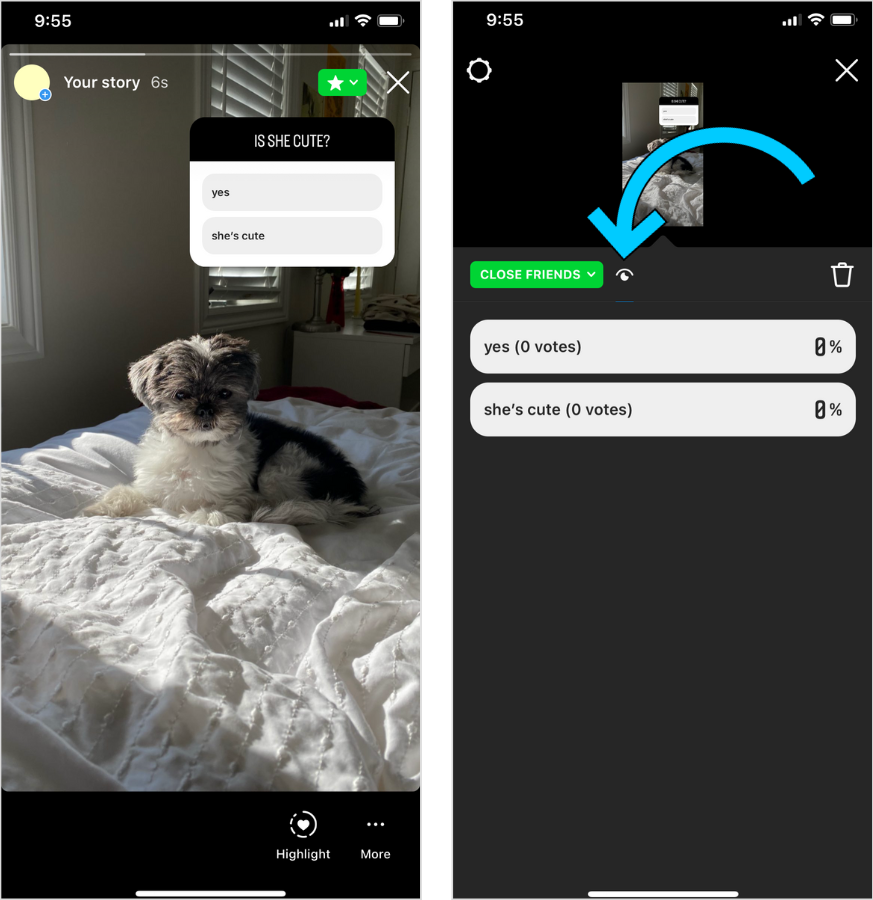 Side by side showing how to see results of Instagram Stories poll. 