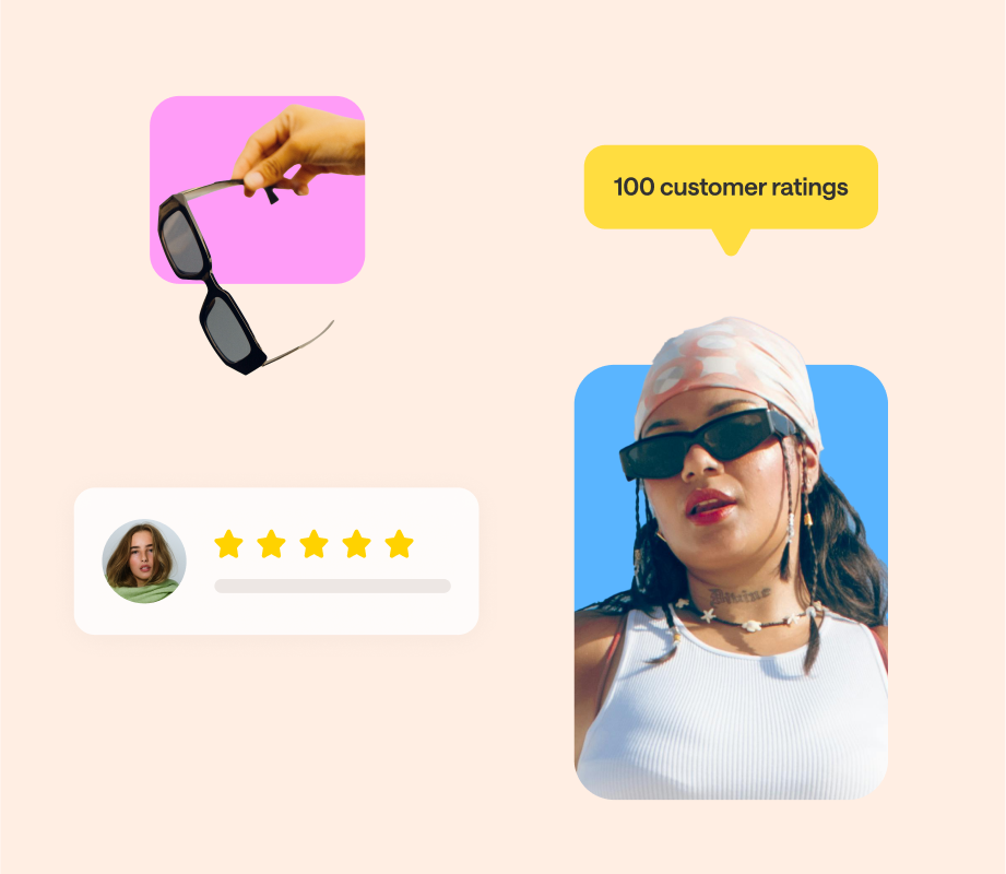 Collage of customer reviews and creators on peach colored background