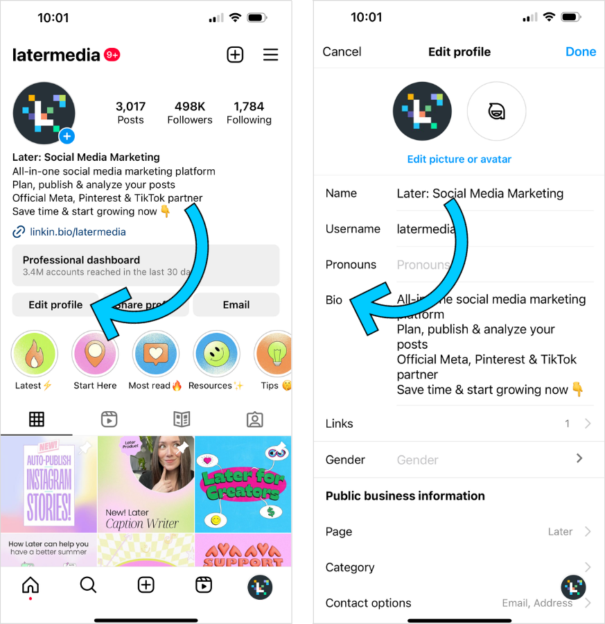 Instagram bio - edit profile