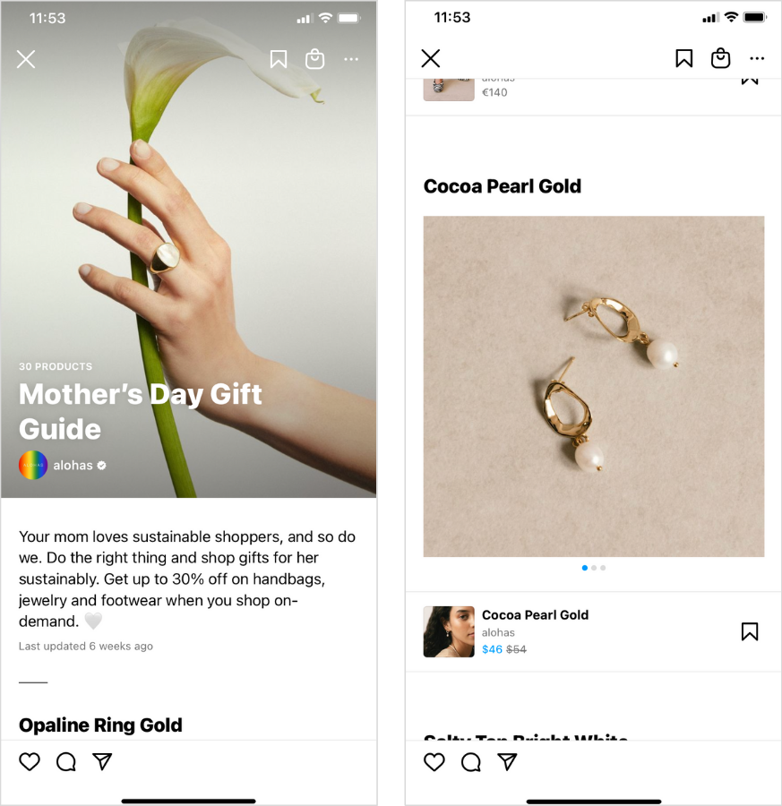 An Instagram Guide round-up with products for Mother's Day, including a dainty gold pair of earrings with pearls. 
