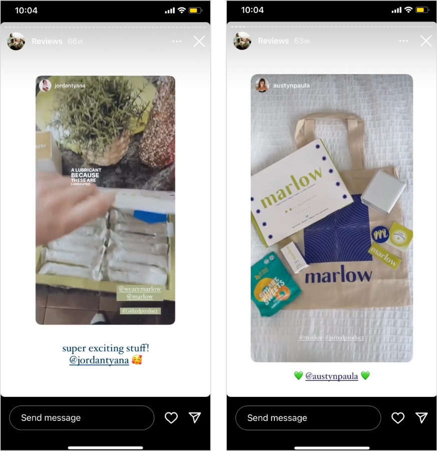 Side by side of product reviews pulled from Marlow's Stories Highlights. On the left, a video of Jordan Tyana talking through the tampons she's received. On the right, Marlow products are laid out on Austyn Paula's bed.