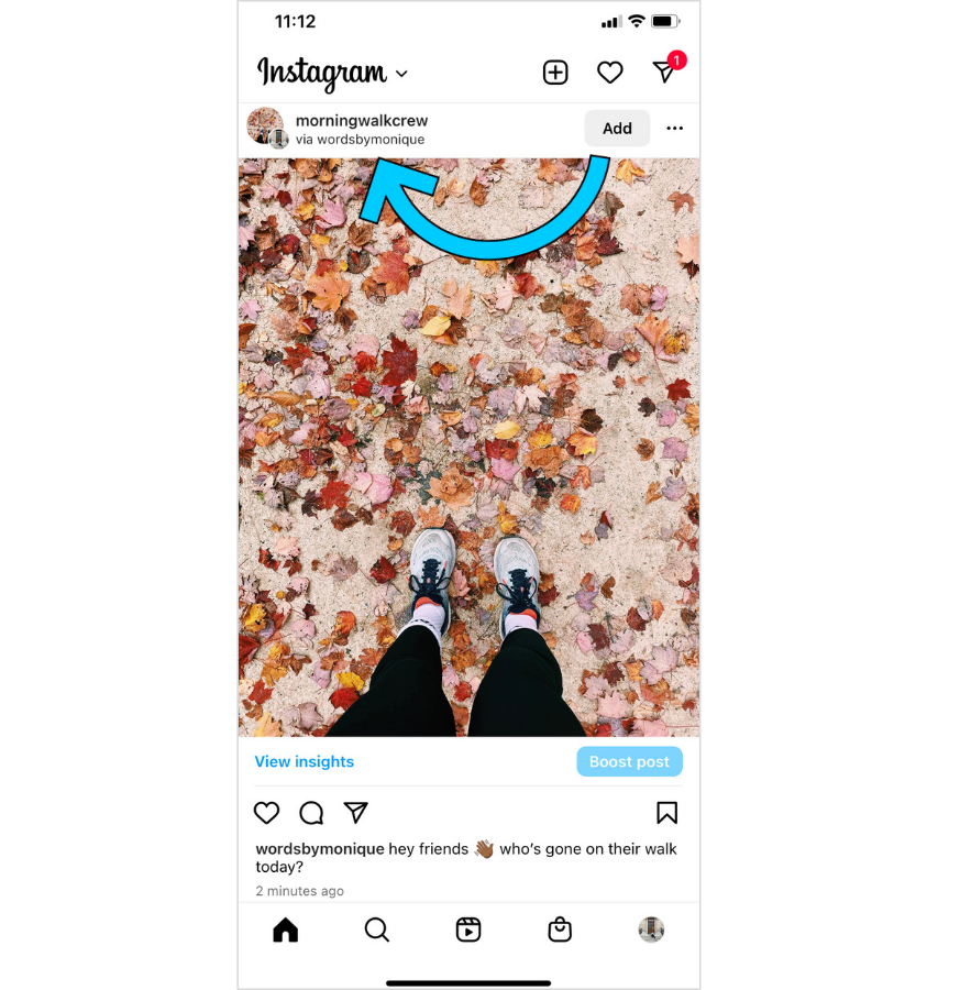 showing what a group profile post looks like in your Instagram feed