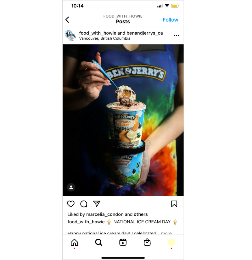 Instagram Collab post between Ben and Jerry's Canada and Howard.