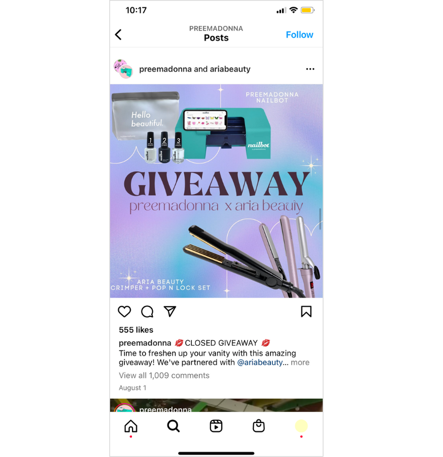 Instagram Collab between Nailbot by Preemadonna and Aria Beauty.