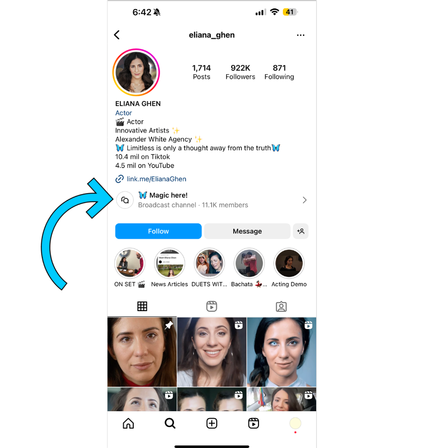 Eliana Ghen's Instagram profile with an arrow pointing to her broadcast channel.