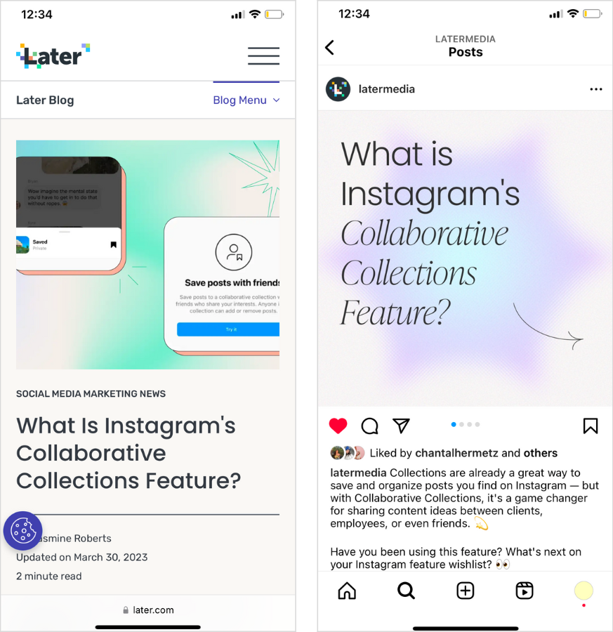 Side by side screenshots of Later's blog post and Instagram post for Instagram's collaborative collections feature.