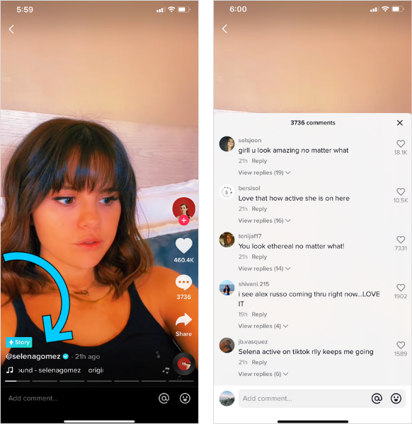 side-by-side photo of woman sitting on her bed talking to her phone, and tiktok comments streaming in
