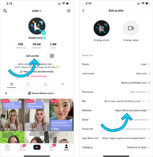 tiktok profile screen with arrow pointing to edit profile button and another arrow pointing at the next step to add a website