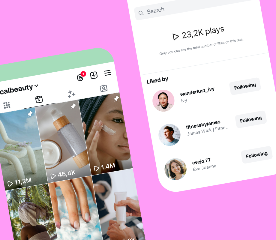 Collage of instagram reels views on phone screen on pink background