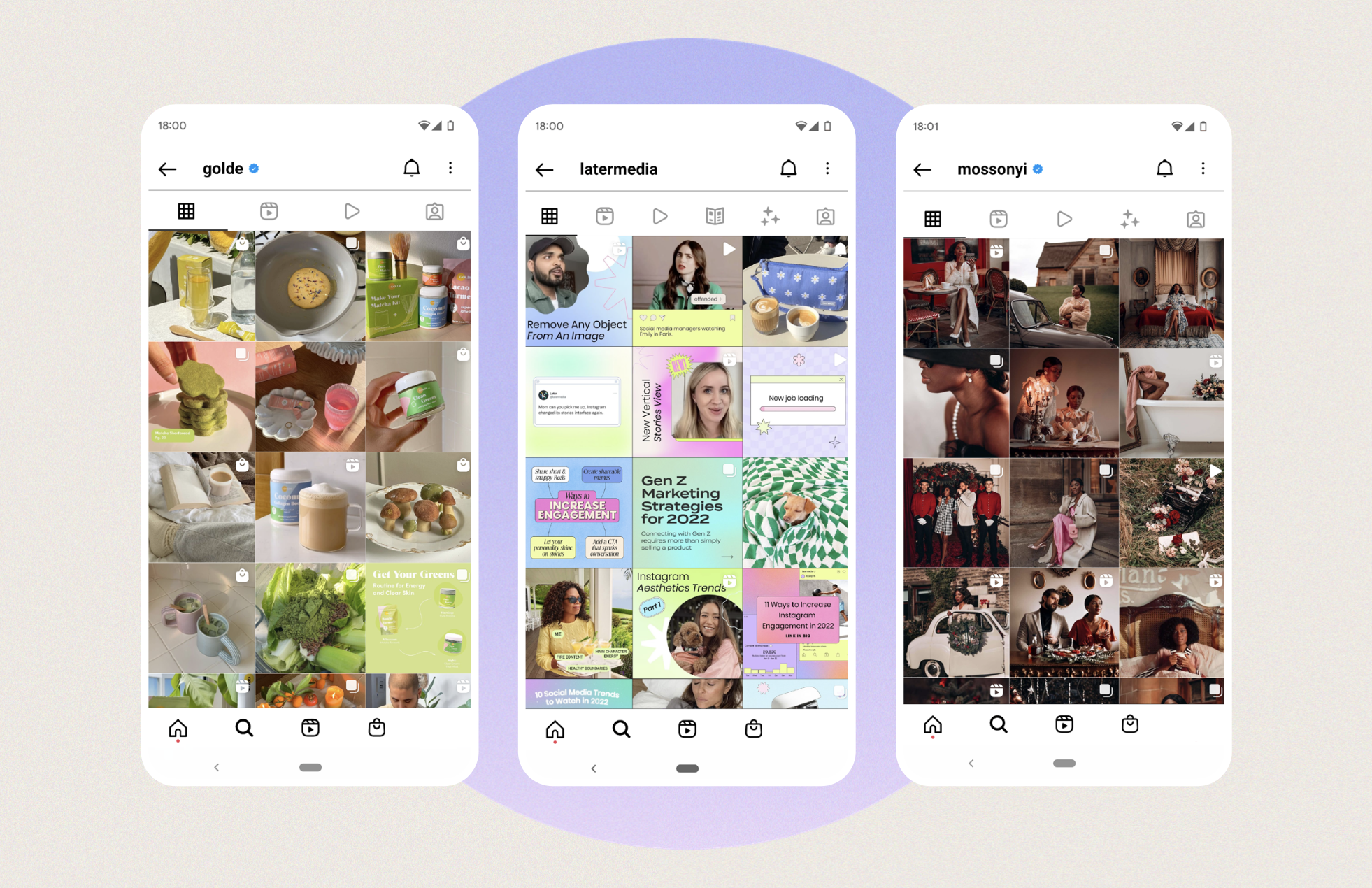 Instagram feed aesthetic examples from Golde, Later, and Mossonyi