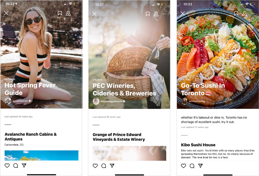 three examples of instagram places guides