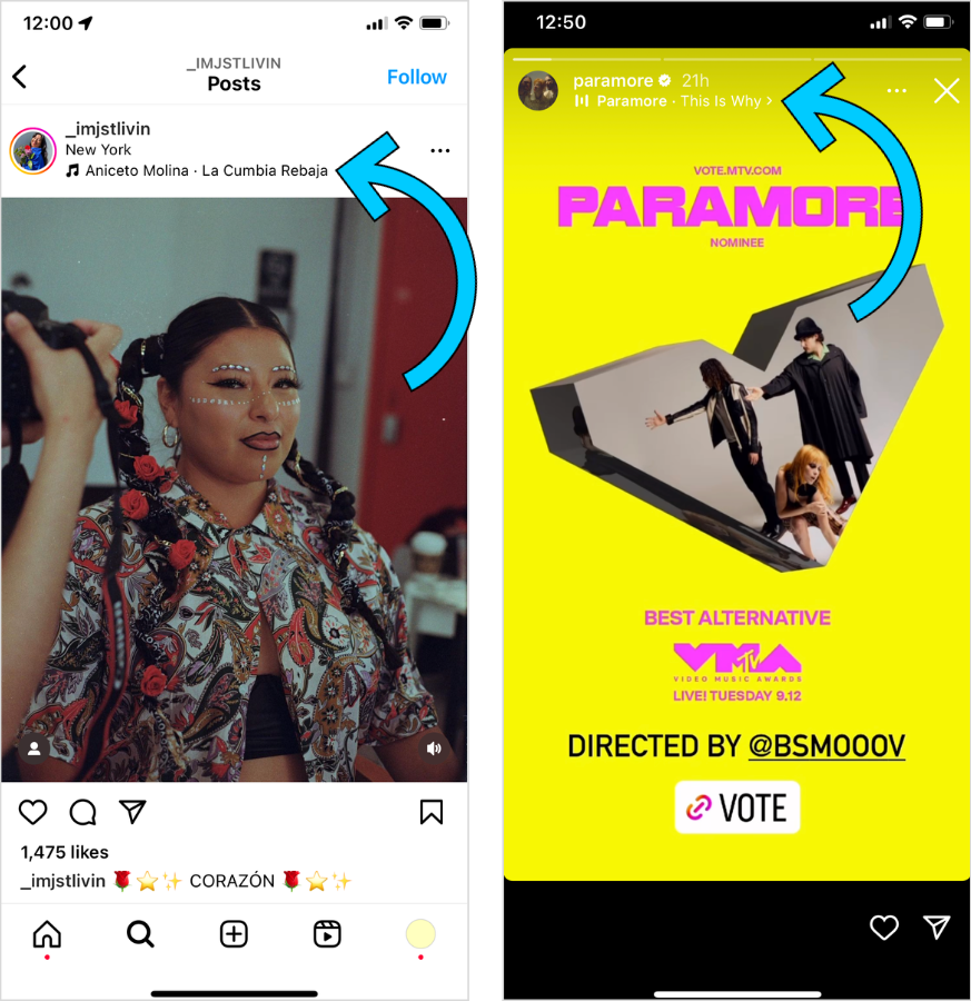 Side by side of two Instagram accounts using Instagram's music features — on the left, a feed post and on the right, a story.