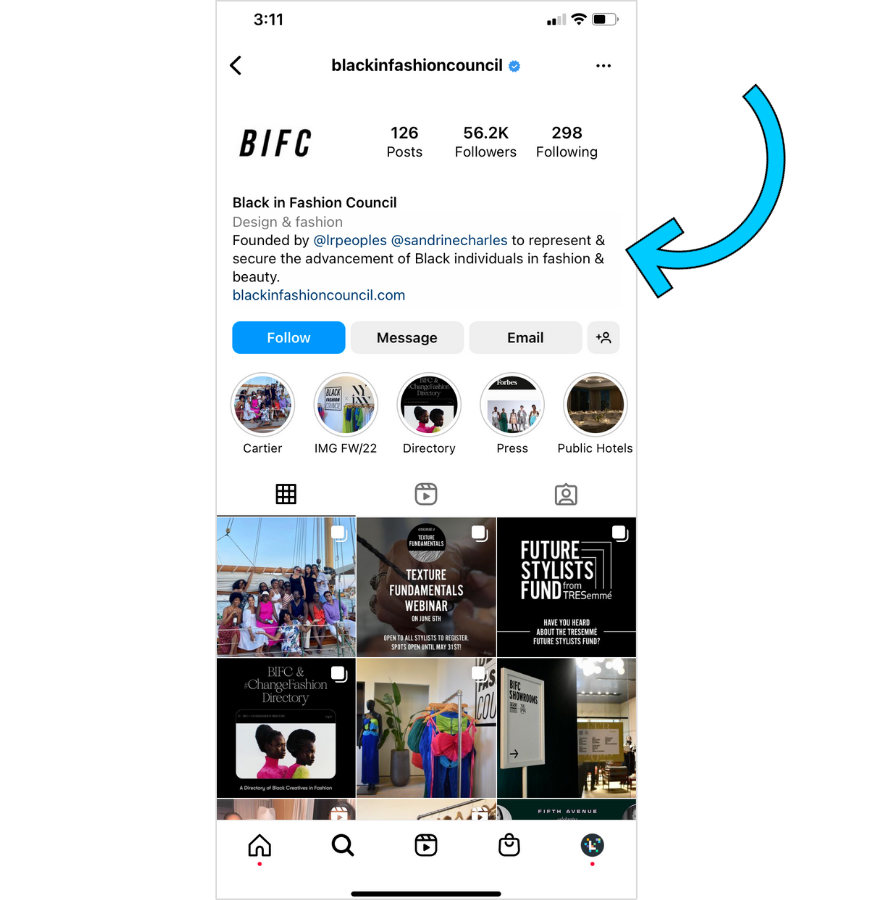 Mobile view of Instagram bio profile: Black in Fashion Council