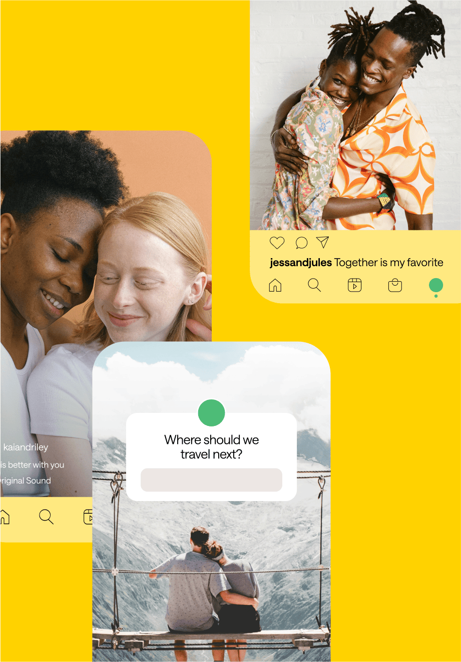 Collage of influencer couples on yellow background