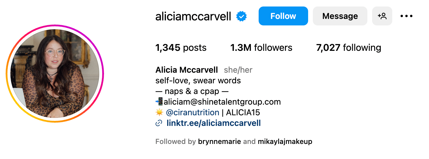 Alicia McCarvell Instagram Bio