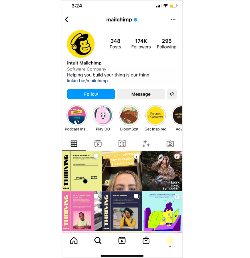 Mailchimp's Instagram profile featuring their nicely cropped logo as their profile picture.