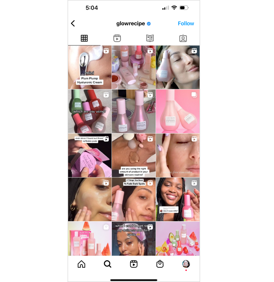 Screenshot of Glow Recipe's Instagram page filled with product stills and UGC