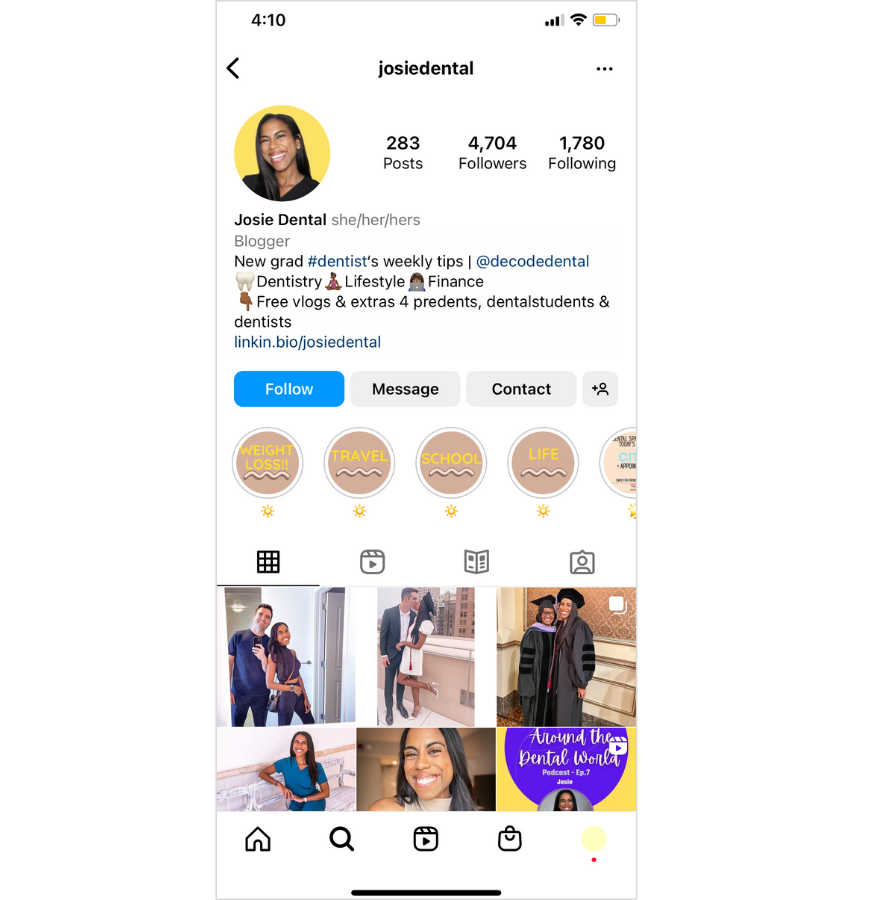 Josie Dental's Instagram profile featuring her bright, poppy profile picture.