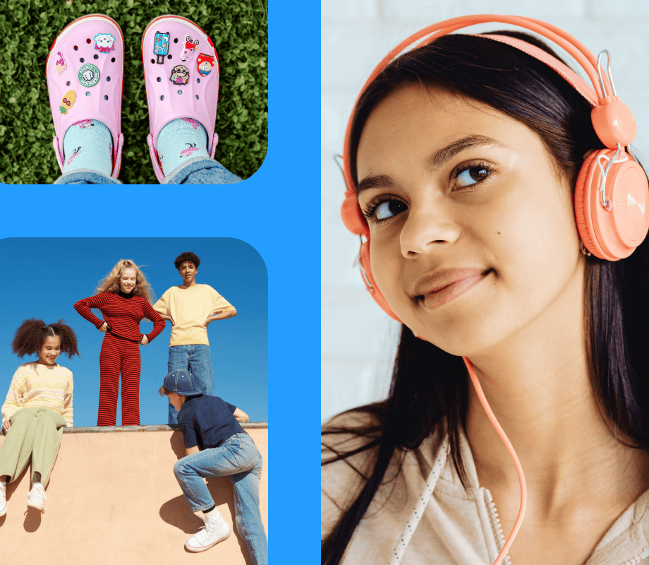 Collage of pink crocs, child in orange headphones and a group of kids on a blue background