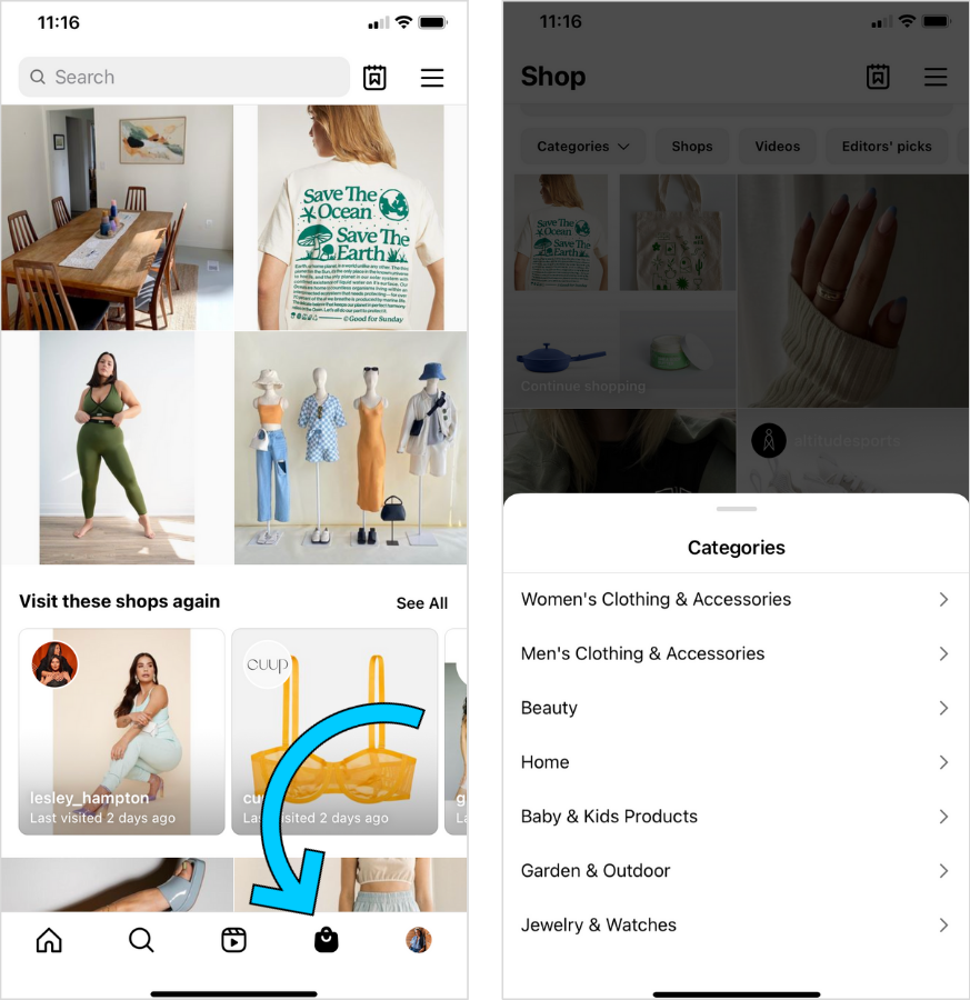 Instagram Shop feed with different products from various shops: a living room table made of wood with nice natural shining on it, a woman wearing a vintage tee about saving the planet, a woman wearing olive green workout gear, and a lacy yellow bra. 