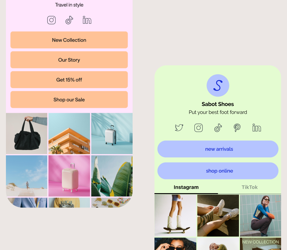 Collage of Instagram link in bio pages on a beige background
