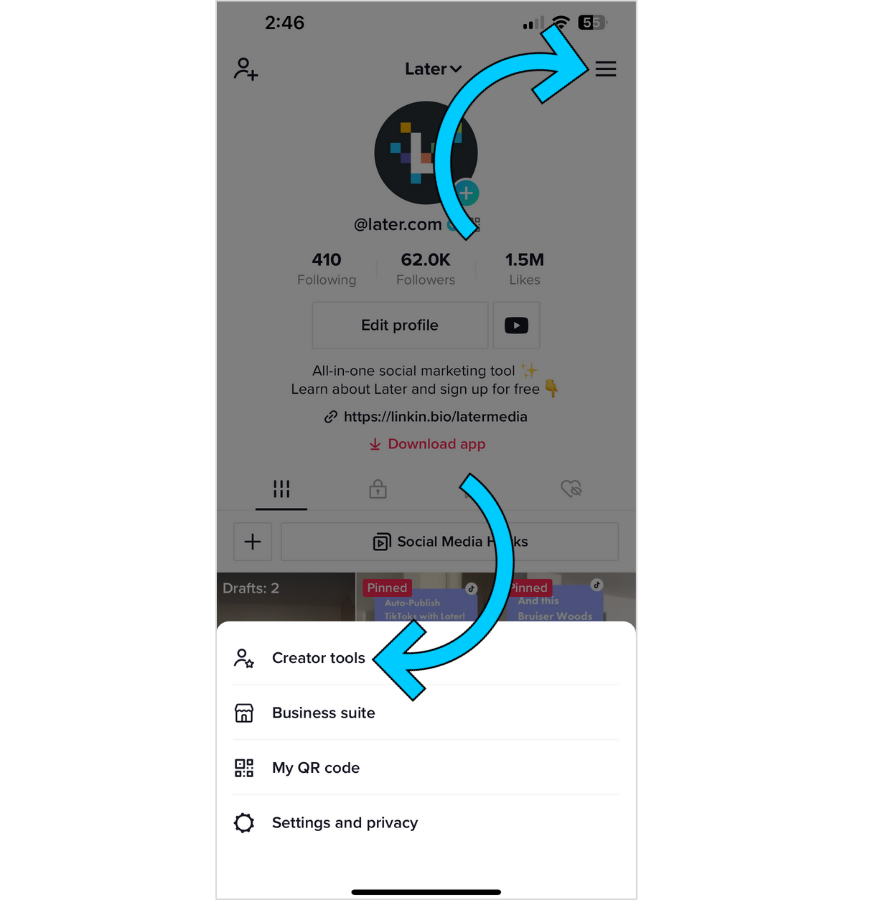 An arrow points to the account settings in the top right corner of your TikTok profile, and then at the bottom to "Creator tools."