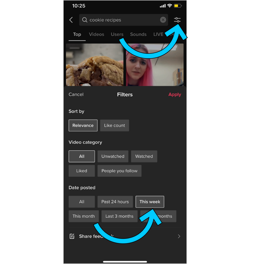 Search volume of "cookie recipes" on TikTok. Content is filtered to show "this week's" videos first. 