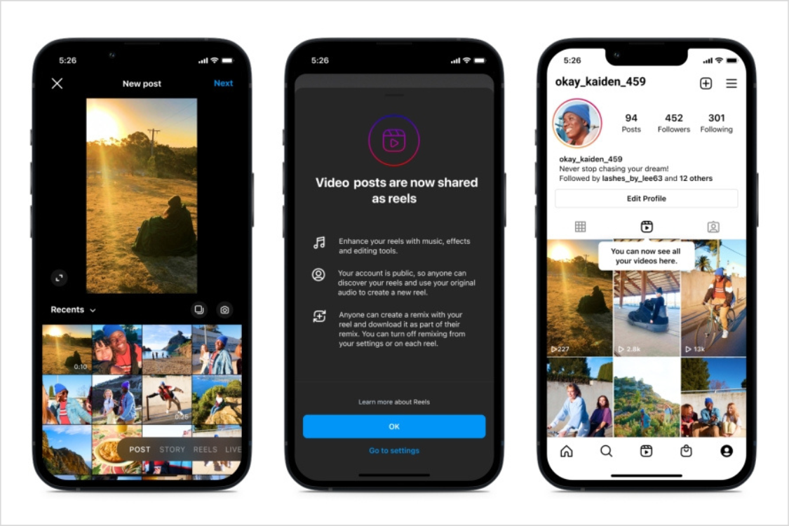 Three phone screens showing Instagram's UI, a pop up message explaining that video posts will now be shared as Reels, and the updated Reels tab on a users' Instagram profile.