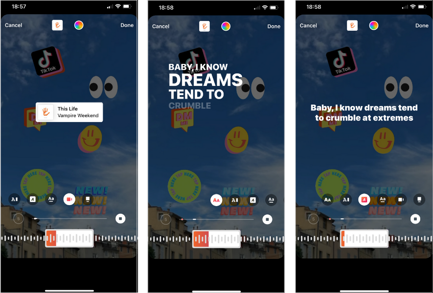 Three variations of the music sticker for This Life by Vampire Weekend in Instagram stories