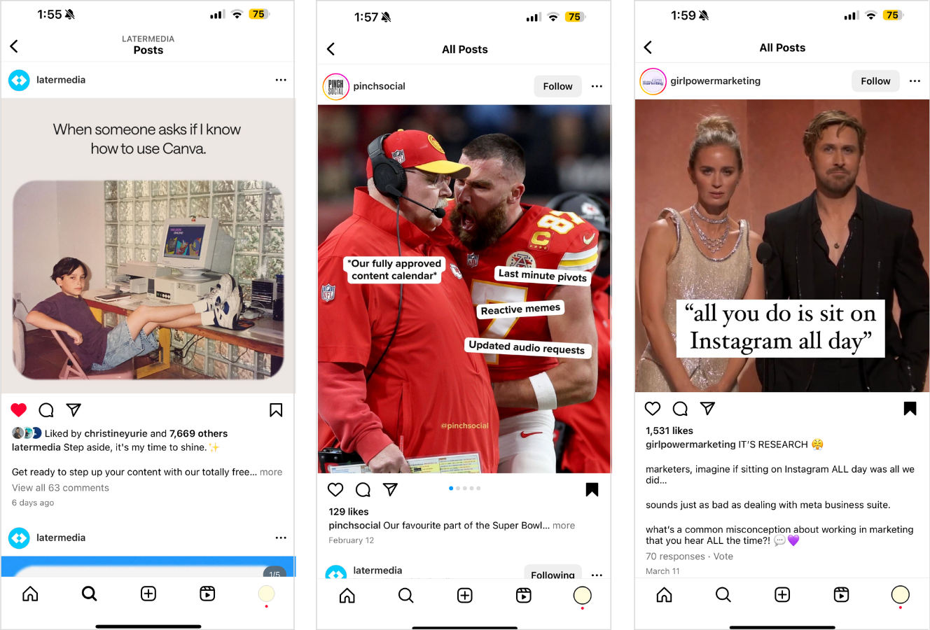 Three relatable memes from Instagram accounts