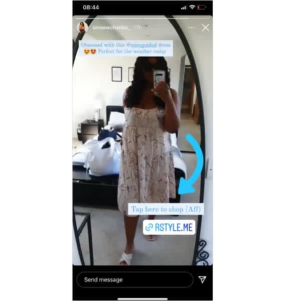 Simone Charles uses a link sticker in her Instagram story to link to her outfit