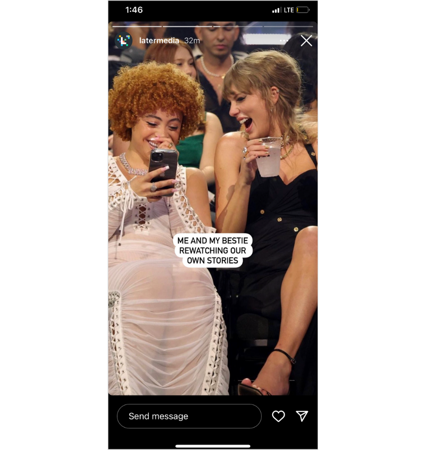 Ice Spice and Taylor Swift laughing while looking at something on Ice Spice's iPhone with the caption "me and my bestie rewatching our own stories."
