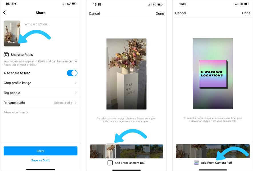 Add a cover photo to Instagram Reels by dragging the selector icon or uploading a photo from your camera roll