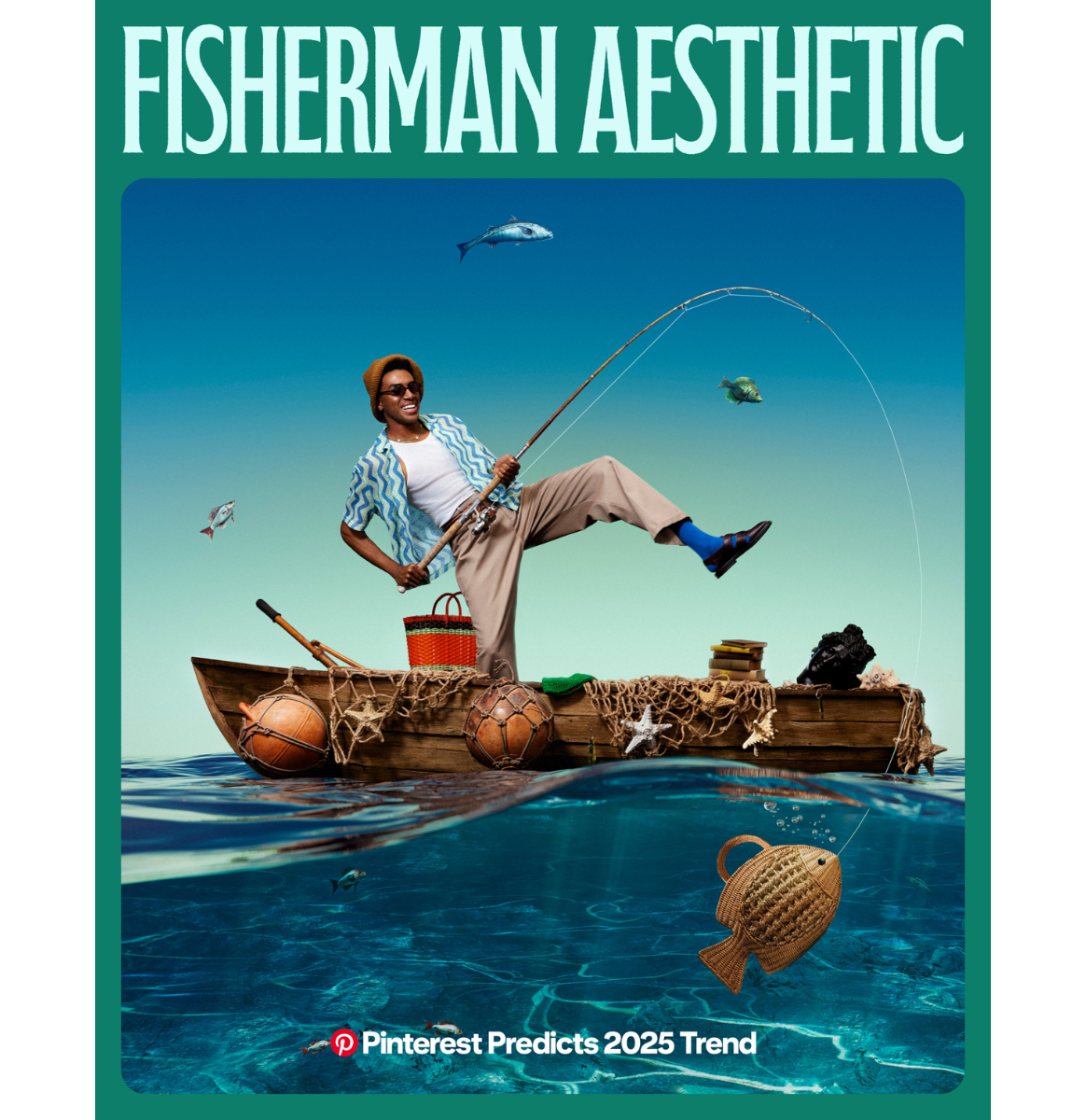 A fashionably dressed fisherman in a bucket hat and sunglasses fishes in clear blue water