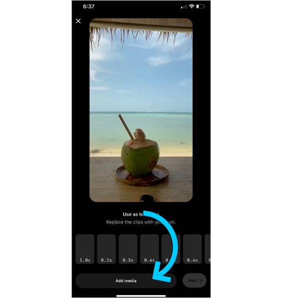 An arrow pointing to the Add Media button which allows you to add your own photos and videos to a Reel Template