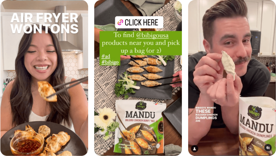 Influencer-generated content from Bibigo campaign, creators showcasing the wonton product