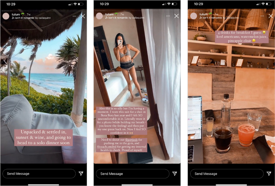 An influencer consistently posts on her stories during a trip to Tulum