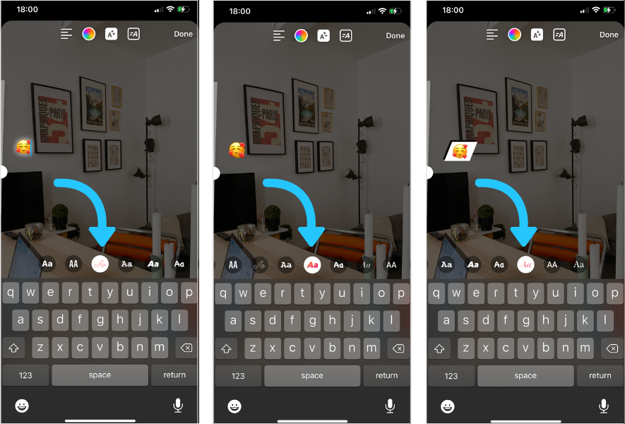 Different Instagram story fonts create different effects on the smiling face with hearts emoji