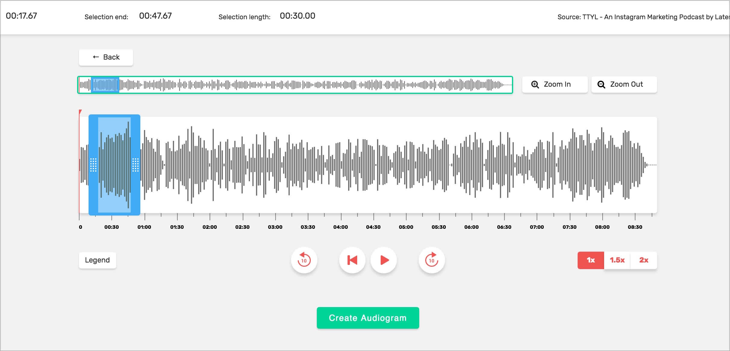 Audiogram automatically transcribes clips. You can then edit the transcription and timing.
