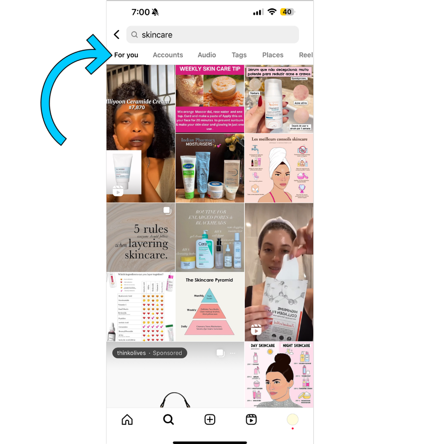 Instagram's for you feed results for skincare. 