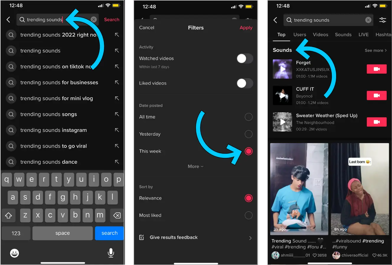 Steps showing how to filter TikTok trending sounds by week.