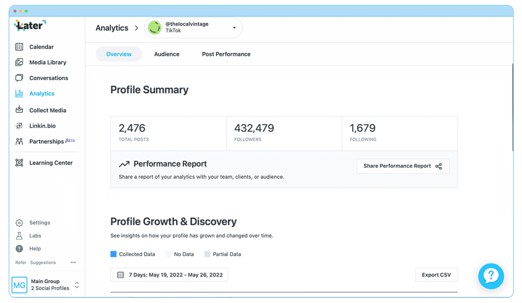 scrolling through tiktok analytics on laters analytics dashboard