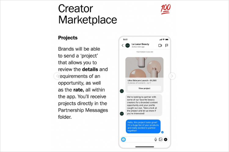 phone with instagram creator marketplace projects feature open on screen