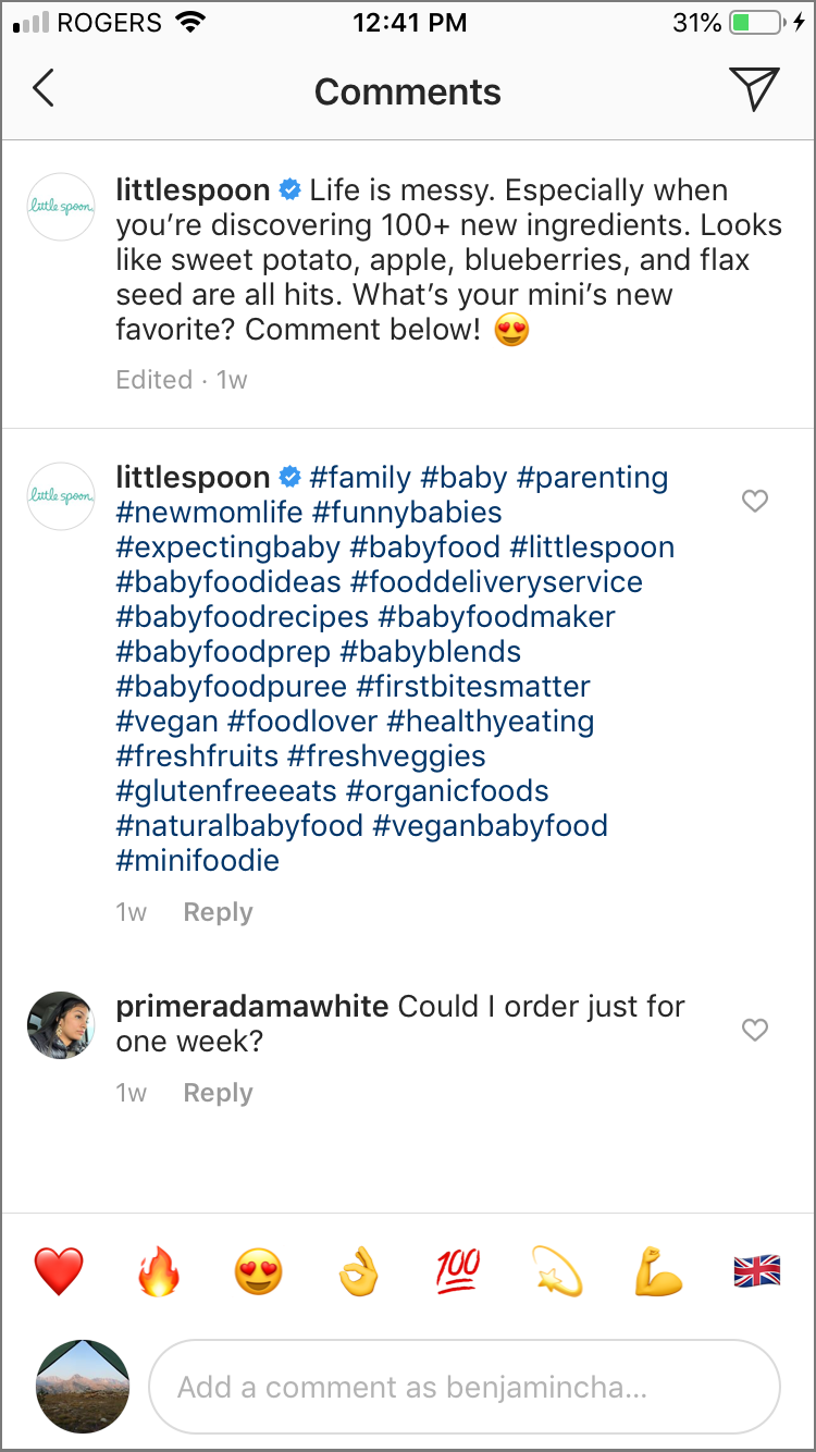 The account uses super hashtags to describe its product and business, like #littlespoon, #babyblends, and #organicbabyfood as well as its own branded campaign hashtags like #itsfreshbaby and #nomoreoldbabyfood.