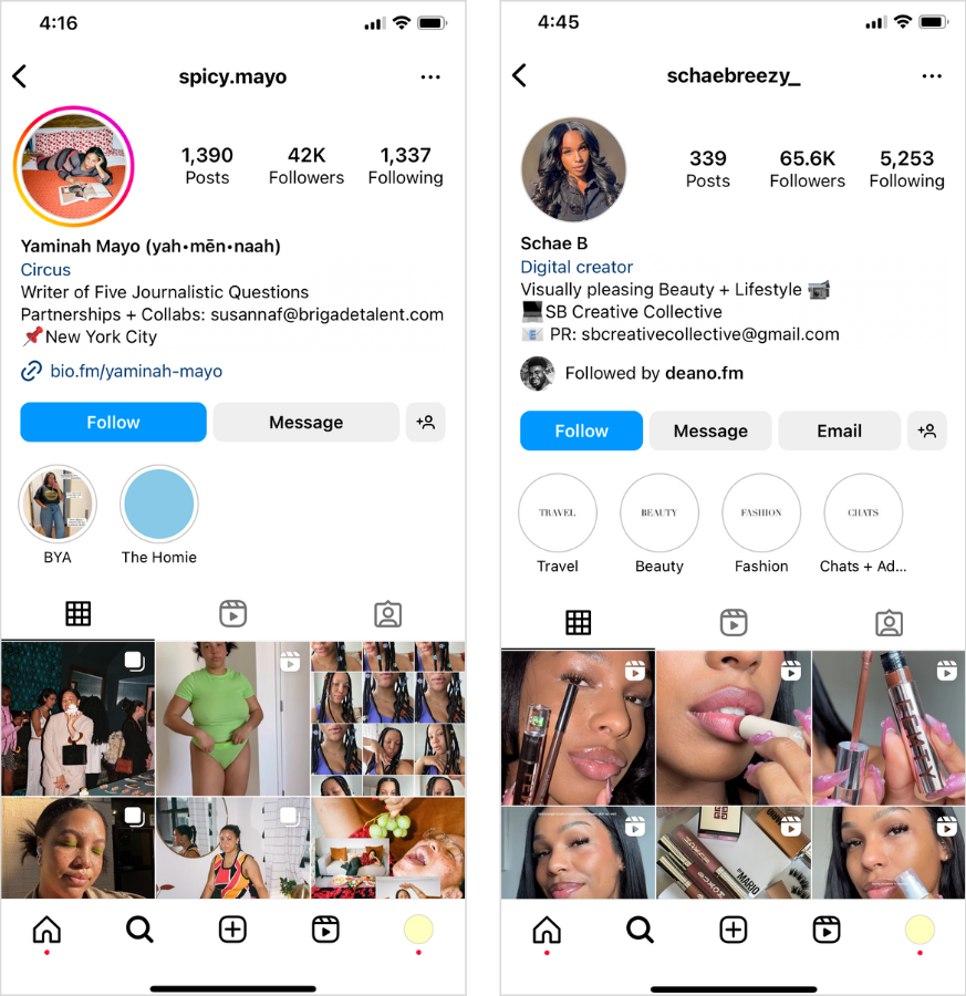 Side by side of two Micro Influencers' Instagram profiles, @spicy.mayo and @schaebreezy_.