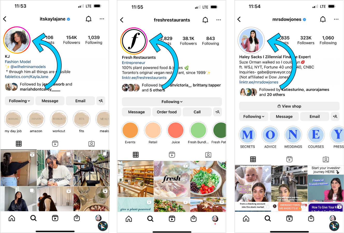 Three different instagram profiles with arrows pointing to their profile photos