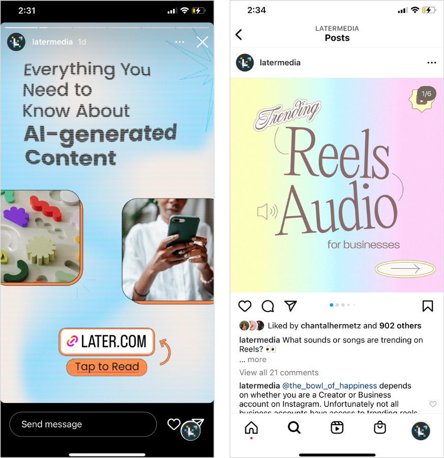 Two examples of Instagram content types, a story and carousel, shared by @latermedia.