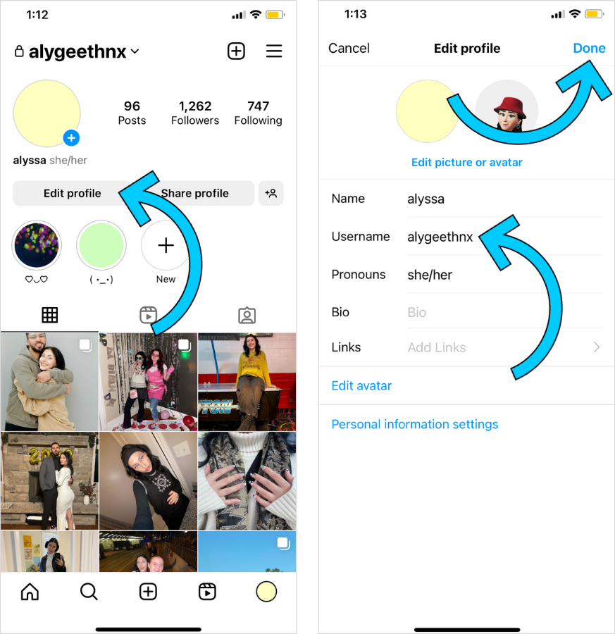 Step by step illustration of how to change your Instagram username.