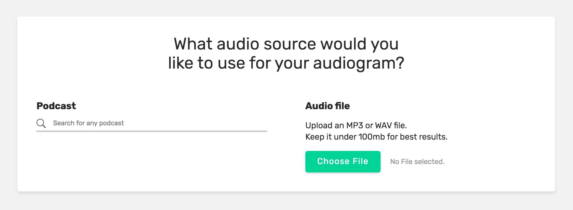 Audiogram’s Apple Podcasts integration to select audio from an already-published podcast.