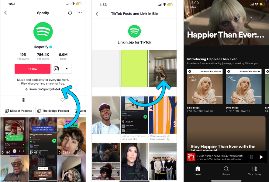 Spotify uses TikTok link in bio to link to a Billie Eilish album